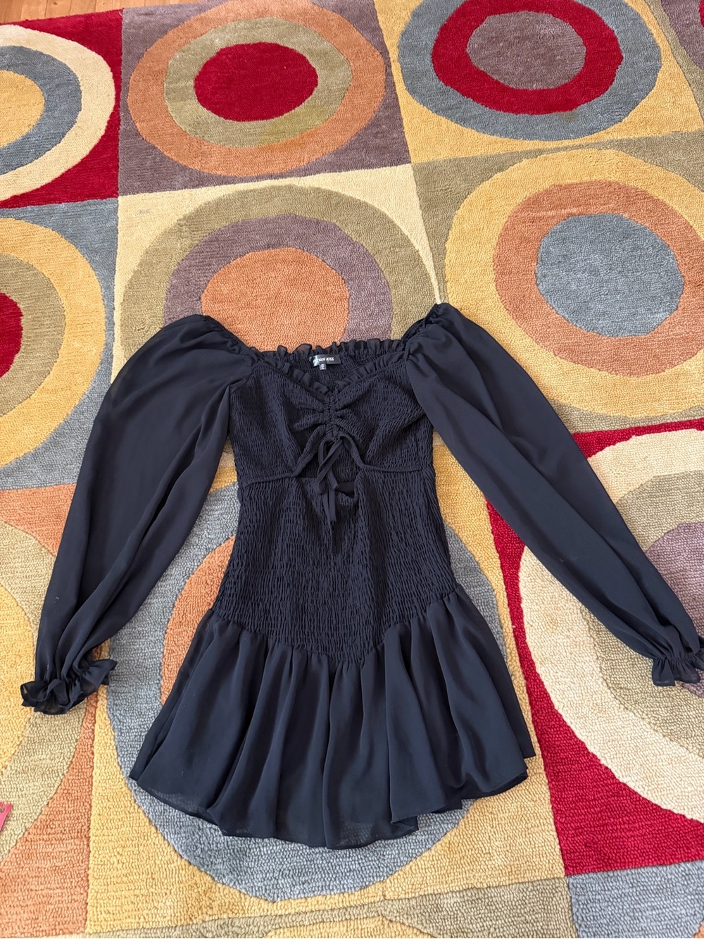 French Kiss Black Ruched Very Short Mini Dress Sheer Long Sleeve Cutout Medium